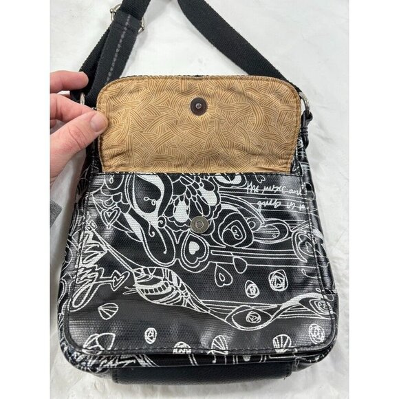 SAKROOTS Artist Circle Small Messenger crossbody Bag- PEACE- Black/white - Picture 9 of 12